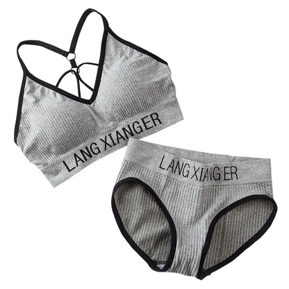New Women's Cotton For Underwear Set Letter Sports Bra  Seamless Female Underwear Comfort No Steel Ring Suit Solid Color Chest