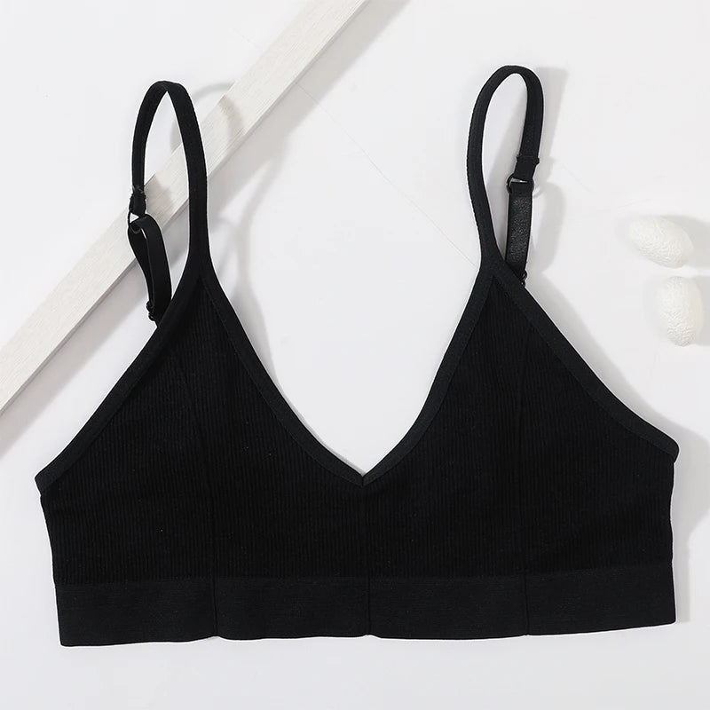 Women Ribbed V-Neck Wireless Bra Solid Color Knit Bralette Stretch Thin Straps Liner-Free No Chest Pads Lingerie Daily Intimates