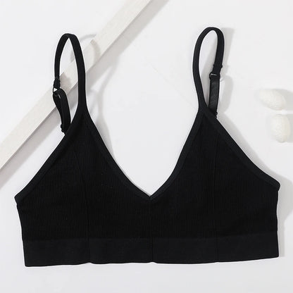 Women Ribbed V-Neck Wireless Bra Solid Color Knit Bralette Stretch Thin Straps Liner-Free No Chest Pads Lingerie Daily Intimates