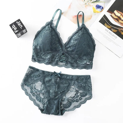 Women Lace Bra And Briefs Set Backless Bralette Solid Color Underwear Wireless Lace Bra Top Sexy Lingerie Set Female Intimates