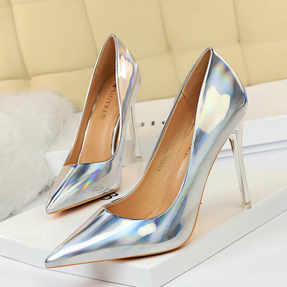 Metal Heel with High-Heeled Shiny Patent Leather Shallow Mouth Pointed Sexy Sexy Nightclub Was Thin Heels Wedding Shoes Banquet