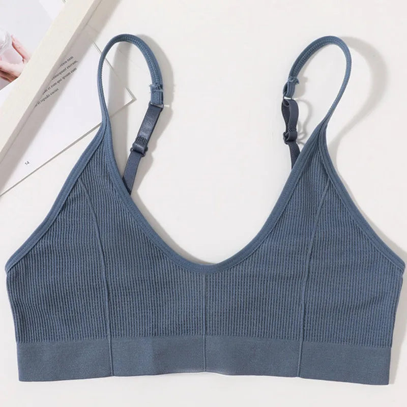 Women Ribbed V-Neck Wireless Bra Solid Color Knit Bralette Stretch Thin Straps Liner-Free No Chest Pads Lingerie Daily Intimates