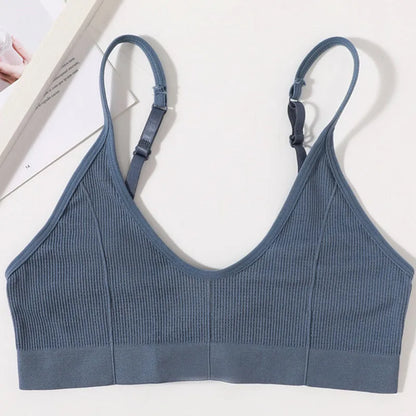 Women Ribbed V-Neck Wireless Bra Solid Color Knit Bralette Stretch Thin Straps Liner-Free No Chest Pads Lingerie Daily Intimates