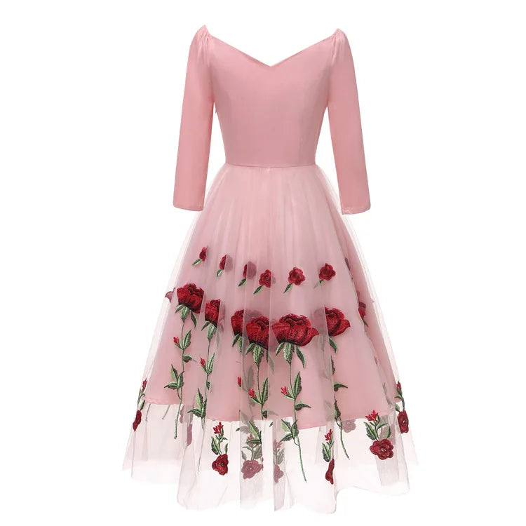 Christmas Rose Embroidery Vintage Dress Slash Neck 3/4 Sleeves Wrap High Waist Swing Dress 60s Retro Black Mesh Party Vestidos