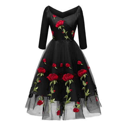 Christmas Rose Embroidery Vintage Dress Slash Neck 3/4 Sleeves Wrap High Waist Swing Dress 60s Retro Black Mesh Party Vestidos
