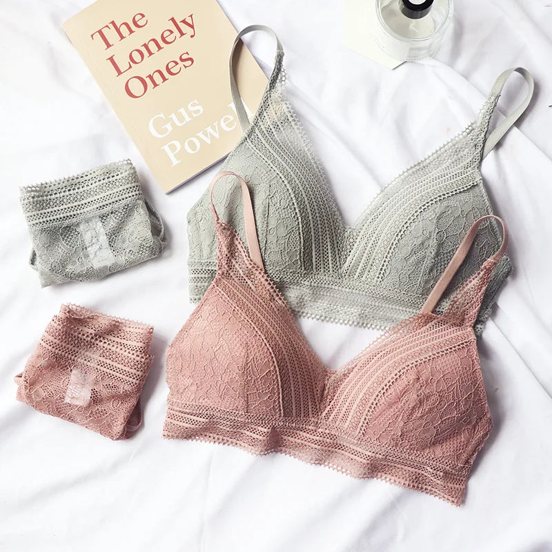 New Women 4 Colour Underwear French Wire-Free Ultra-thin Bralette Sexy Lace Triangle Cup Push Up Bra Set Cotton Bra and Panties