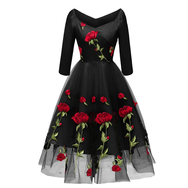 Christmas Rose Embroidery Vintage Dress Slash Neck 3/4 Sleeves Wrap High Waist Swing Dress 60s Retro Black Mesh Party Vestidos