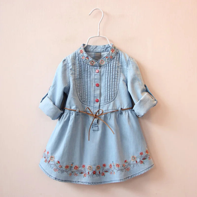 2026 Spring Autumn New 3 4 6 8 10 12 Years Embroidery Flower Long Short Sleeve Double Use Denim Blue Kids Girl Dress With Belt