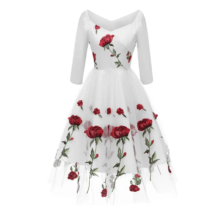 Christmas Rose Embroidery Vintage Dress Slash Neck 3/4 Sleeves Wrap High Waist Swing Dress 60s Retro Black Mesh Party Vestidos