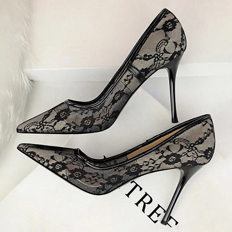 BIGTREE Shoes Mesh Hollow Lace Woman Pumps 2026 Spring Women Heels Sexy Party Shoes Thin Stiletto Heels Women Shoes 6 Colour
