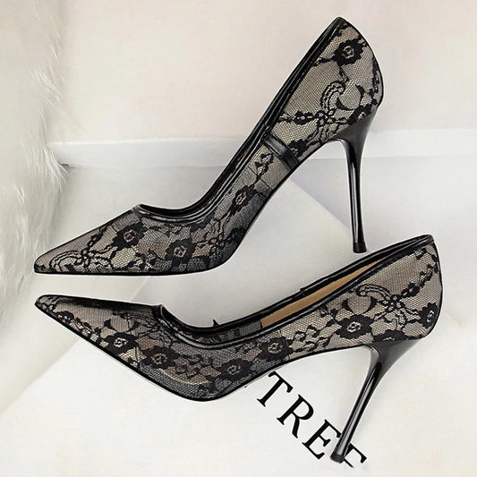BIGTREE Shoes Mesh Hollow Lace Woman Pumps 2026 Spring Women Heels Sexy Party Shoes Thin Stiletto Heels Women Shoes 6 Colour
