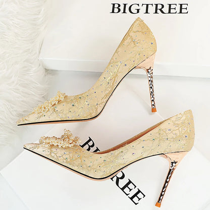 BIGTREE Shoes Pearl Flowers Woman Pumps Rhinestone High Heels 2026 New Luxurious Women Heels Stiletto Large Size Ladies Pumps