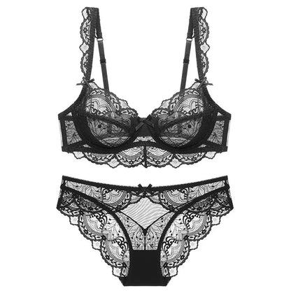 Sexy Lace Ultra Thin Transparent Bra and Panties Set Underwear Set Lingerie Women Brassieres A B C D E Cup 95C 95D