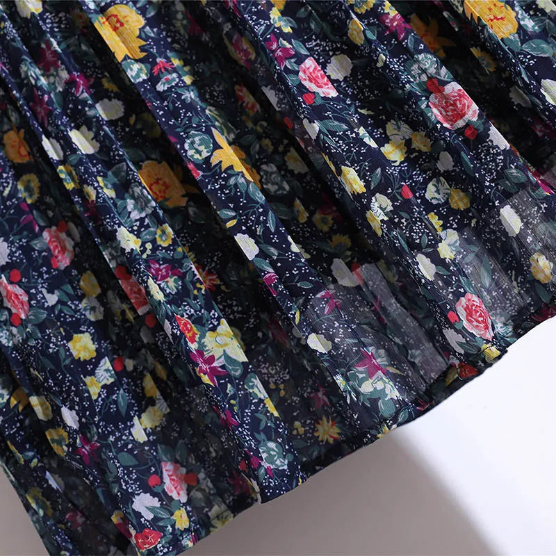 150Kg Plus Size Women's Spring Summer Retro Floral Chiffon A-Line Skirt 5XL 6XL 7XL 8XL 9XL Loose Elastic Waist Skirt Navy