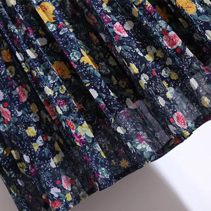 150Kg Plus Size Women's Spring Summer Retro Floral Chiffon A-Line Skirt 5XL 6XL 7XL 8XL 9XL Loose Elastic Waist Skirt Navy
