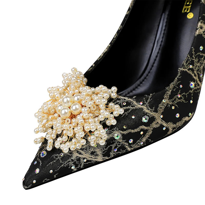 BIGTREE Shoes Pearl Flowers Woman Pumps Rhinestone High Heels 2026 New Luxurious Women Heels Stiletto Large Size Ladies Pumps