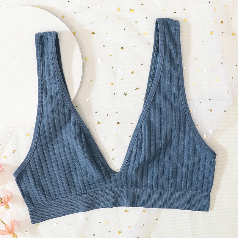 Push-Up Bras For Women Seamless Ribbed Deep V Bralette Unlined Sexy Lingerie Wireless Crop Top S-XL Plunge Sports Underwear