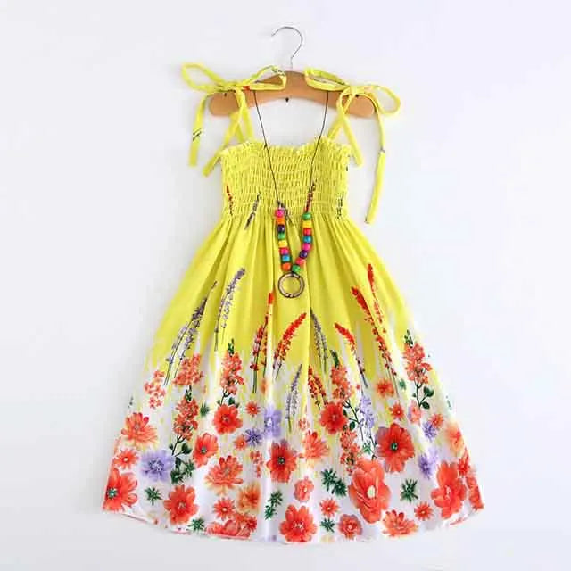 Summer Girls New Floral Dress Sling Ruffles Bohemian Beach Princess Dresses for Girl Clothing  2 6 8 12 Years With Necklace Gift