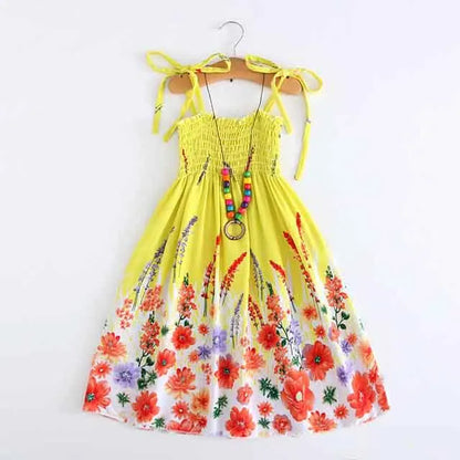 Summer Girls New Floral Dress Sling Ruffles Bohemian Beach Princess Dresses for Girl Clothing  2 6 8 12 Years With Necklace Gift