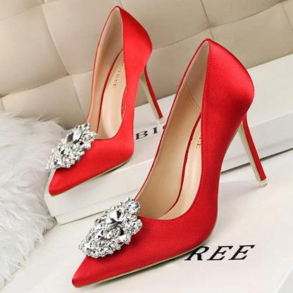 BIGTREE Women Heels Metal Rhinestones Woman Pumps Wedding Shoes High Heels Shoes Gold Silver Sexy Party Shoes Large size 42 43