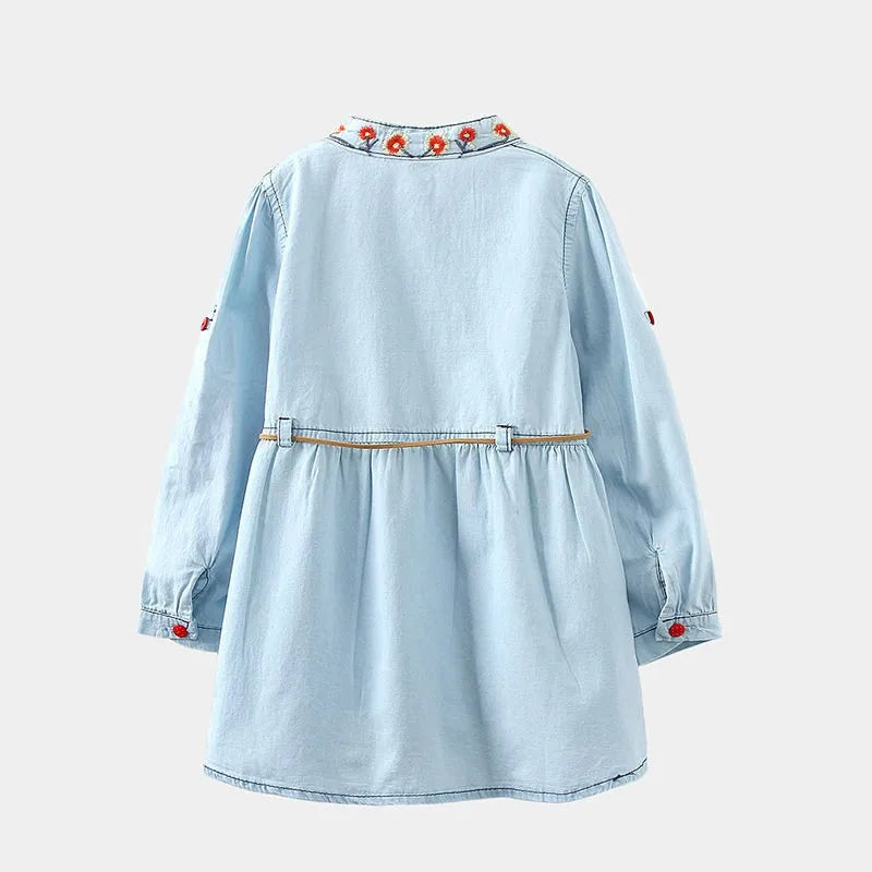 2026 Spring Autumn New 3 4 6 8 10 12 Years Embroidery Flower Long Short Sleeve Double Use Denim Blue Kids Girl Dress With Belt