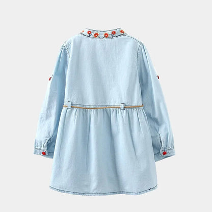 2026 Spring Autumn New 3 4 6 8 10 12 Years Embroidery Flower Long Short Sleeve Double Use Denim Blue Kids Girl Dress With Belt