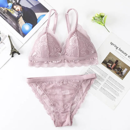 Women Lace Bra And Briefs Set Backless Bralette Solid Color Underwear Wireless Lace Bra Top Sexy Lingerie Set Female Intimates