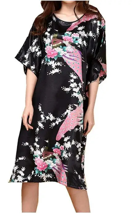Sexy Female Silk Rayon Robe Bath Gown Nightgown Summer Casual Home Dress Printed Loose Sleepwear Plus Size Nightwear Bathrobe