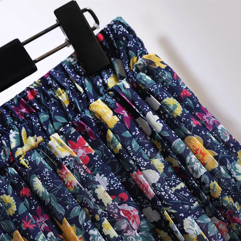150Kg Plus Size Women's Spring Summer Retro Floral Chiffon A-Line Skirt 5XL 6XL 7XL 8XL 9XL Loose Elastic Waist Skirt Navy
