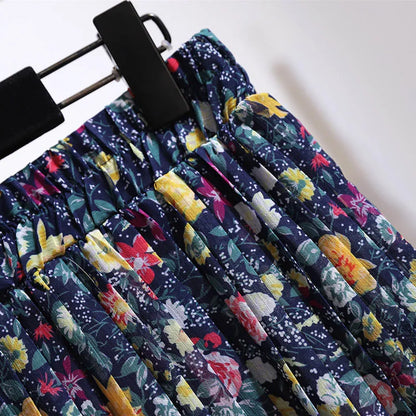 150Kg Plus Size Women's Spring Summer Retro Floral Chiffon A-Line Skirt 5XL 6XL 7XL 8XL 9XL Loose Elastic Waist Skirt Navy