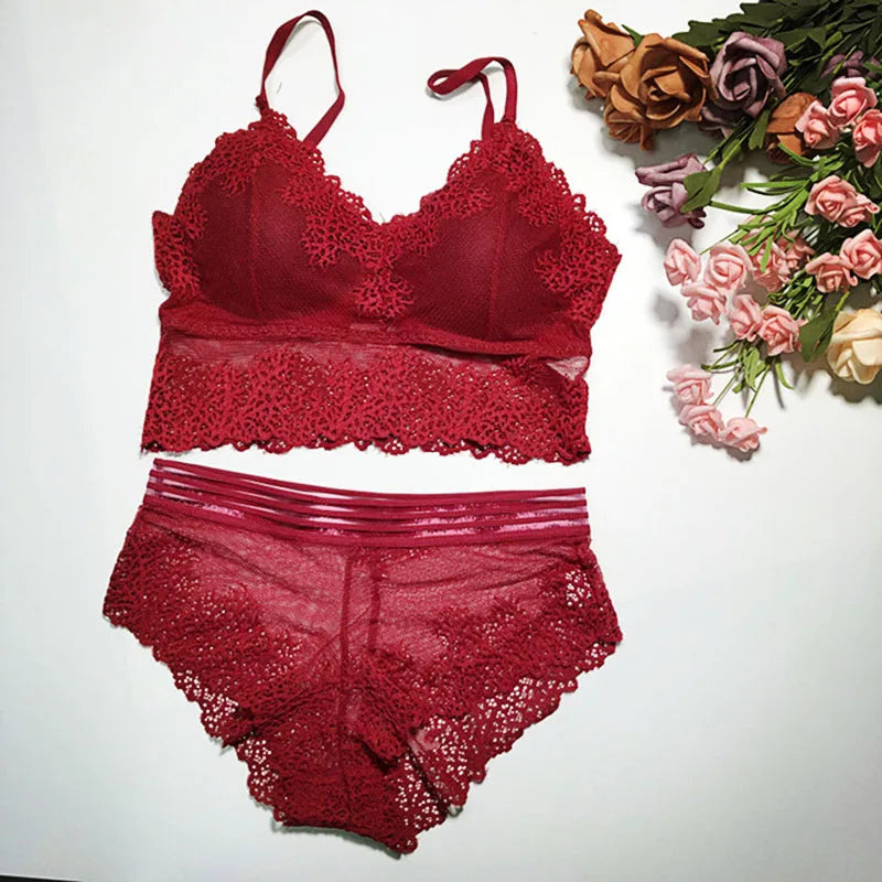 Lace Women Bra Panties Set Crop Top Bra Sexy Transparent Bra Push Up Lingerie Set Female Bralette Underwear Set