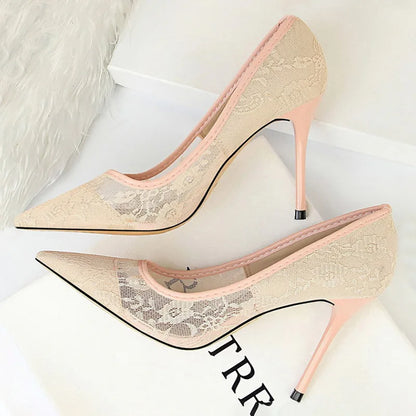 BIGTREE Shoes Mesh Hollow Lace Woman Pumps 2026 Spring Women Heels Sexy Party Shoes Thin Stiletto Heels Women Shoes 6 Colour