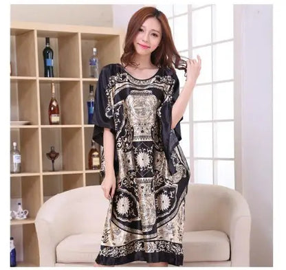 Sexy Female Silk Rayon Robe Bath Gown Nightgown Summer Casual Home Dress Printed Loose Sleepwear Plus Size Nightwear Bathrobe