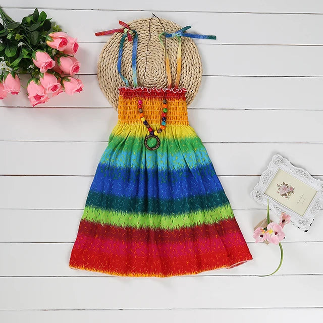 Summer Girls New Floral Dress Sling Ruffles Bohemian Beach Princess Dresses for Girl Clothing  2 6 8 12 Years With Necklace Gift