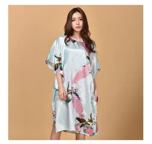 Sexy Female Silk Rayon Robe Bath Gown Nightgown Summer Casual Home Dress Printed Loose Sleepwear Plus Size Nightwear Bathrobe