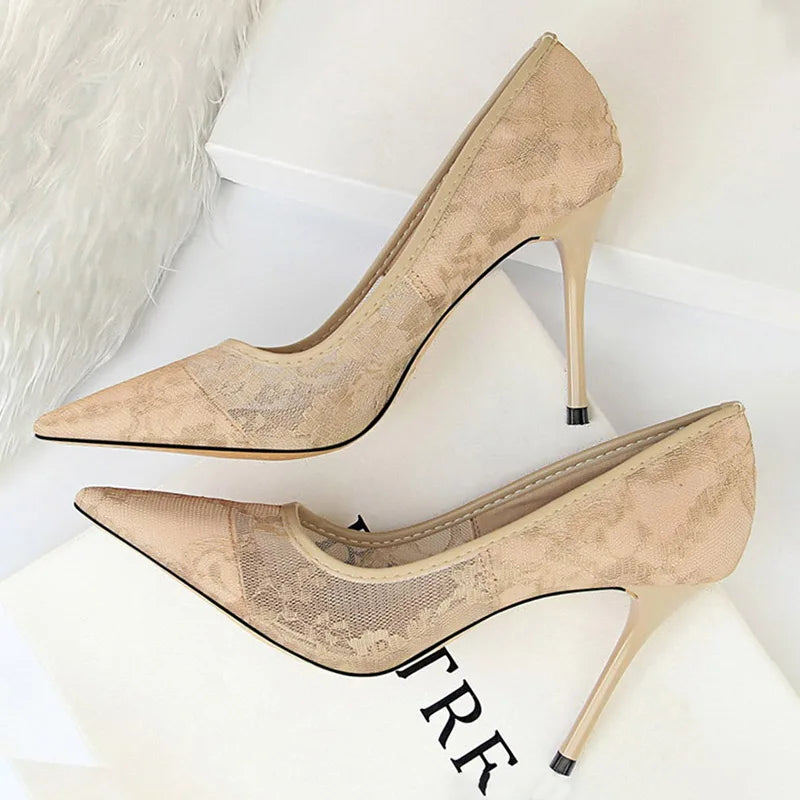 BIGTREE Shoes Mesh Hollow Lace Woman Pumps 2026 Spring Women Heels Sexy Party Shoes Thin Stiletto Heels Women Shoes 6 Colour
