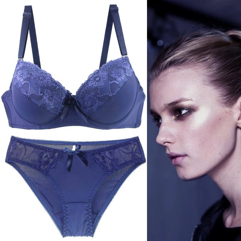 2021 New Women Push Up Bra Sets Intimates Lace Thongs Underwear Solid Bow 70-105 BCDE Cup Female Plus Size Lingerie