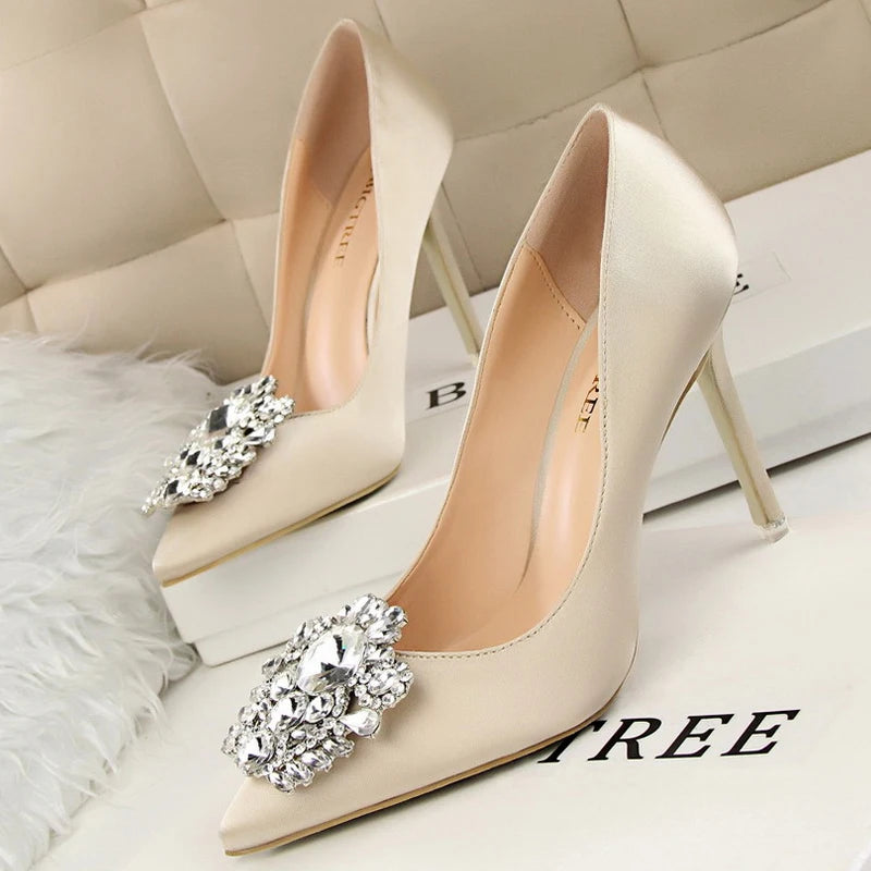 BIGTREE Women Heels Metal Rhinestones Woman Pumps Wedding Shoes High Heels Shoes Gold Silver Sexy Party Shoes Large size 42 43