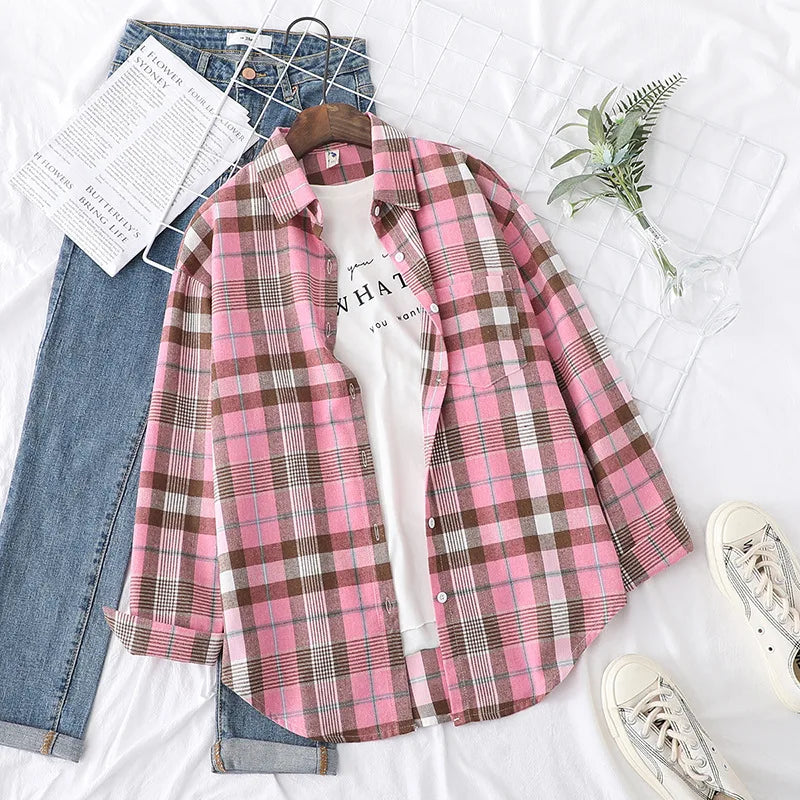 Brand Women's Flannel Plaid Shirts 2025 New Ladies Tops Exquisite Designer Style Loose Blouses Casual Cotton Long Sleeve Blouse