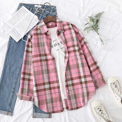 Brand Women's Flannel Plaid Shirts 2025 New Ladies Tops Exquisite Designer Style Loose Blouses Casual Cotton Long Sleeve Blouse