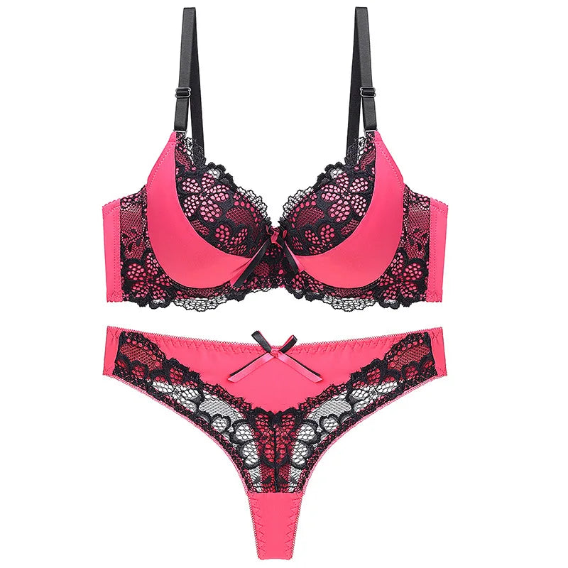 Thong bra set push up Lace hollow out Brassiere bra and panty set Underwear Femme Panties Lingerie