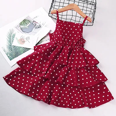 3-12Y Girls Polka-Dot Summer Dress Girls Sleeveless Suspender Dress Clothing Kids Chiffon  RED Princess Dresses Children Clothes