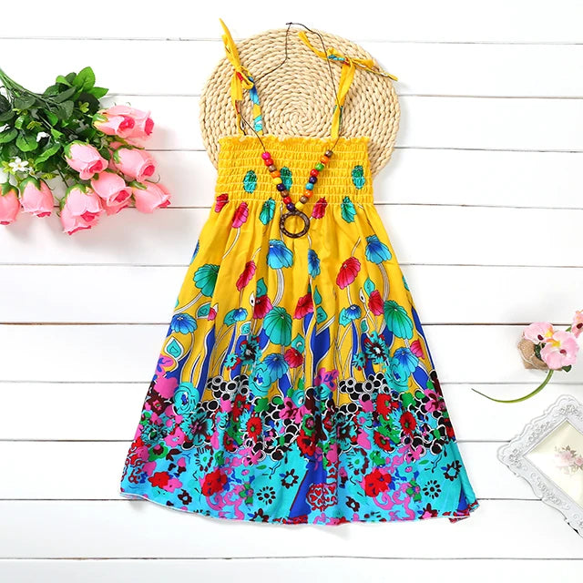 Summer Girls New Floral Dress Sling Ruffles Bohemian Beach Princess Dresses for Girl Clothing  2 6 8 12 Years With Necklace Gift
