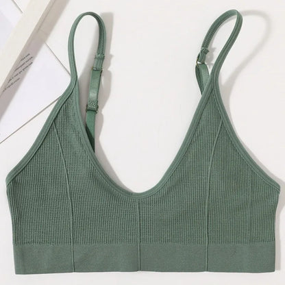 Women Ribbed V-Neck Wireless Bra Solid Color Knit Bralette Stretch Thin Straps Liner-Free No Chest Pads Lingerie Daily Intimates
