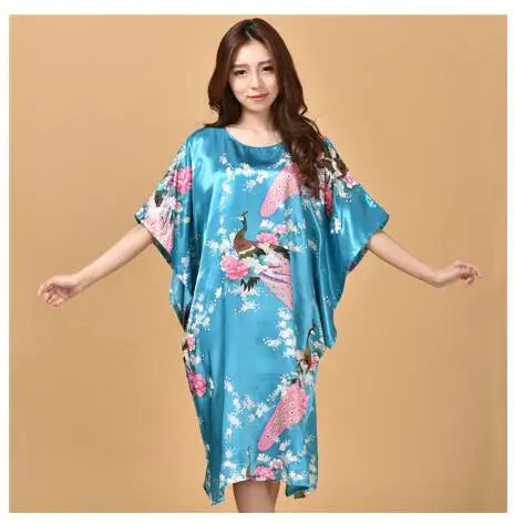 Sexy Female Silk Rayon Robe Bath Gown Nightgown Summer Casual Home Dress Printed Loose Sleepwear Plus Size Nightwear Bathrobe