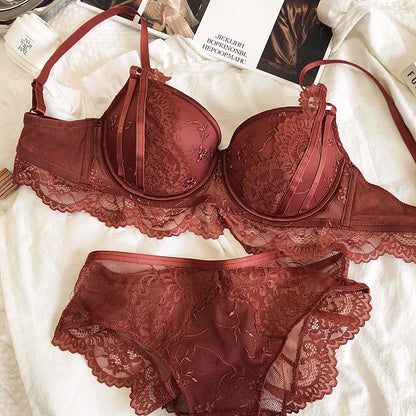 Gathered cups steel ring lingerie with panties breastfeeding lace sexy underwear suit women D cup bra and briefs set