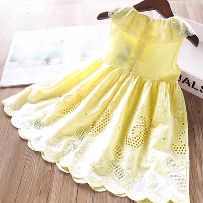 2024 New Girls' Dresses Children'S Summer Cotton Embroidered Hollow Dress Baby Kids Clothing Cute Ruffled Round Neck Vest Dress