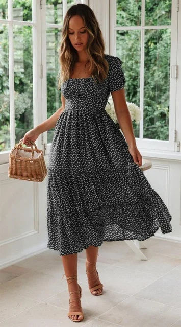 Vestidos Vintage Vintage Print Puff Sleeve summer Beach sweet dresses Casual Square collar floral maxi long dress 2024 festa