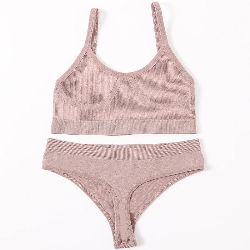 Women Seamless Bra And Panties Set U-Back Bralette Top Comfort Breathable Briefs Ribbed Sexy Lingerie Sports Underwear Set