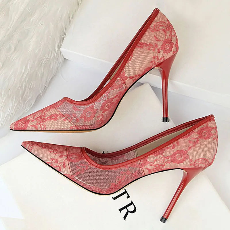 BIGTREE Shoes Mesh Hollow Lace Woman Pumps 2026 Spring Women Heels Sexy Party Shoes Thin Stiletto Heels Women Shoes 6 Colour